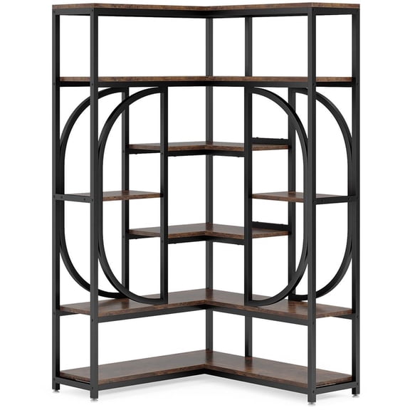 Barara King Bookshelf, Bookcase, Display Standing Shelf,7-Shelf Corner Bookshelf, L-Shaped Bookcase Display Rack,Rustic Brown