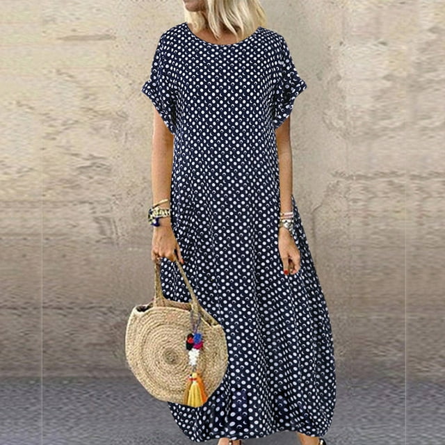 SMihono Robe Maxi Bohème d'Été pour Femmes Grande Taille Femmes Grande Taille Poches Col Rond Imprimé à Pois Manches Courtes Robe Longue Décontractée Robe de Plage Évasée