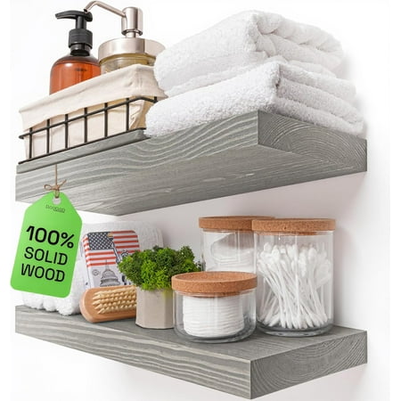 BAOBAB WORKSHOP Wood Floating Shelves for Wall - Rustic Shelf 16 inch - Grey Bathroom Shelves - Solid Wood Shelves for Wall for Bedroom Kitchen Living Room - Gray Finish - 16 x 6.7 Inch, Set of 2