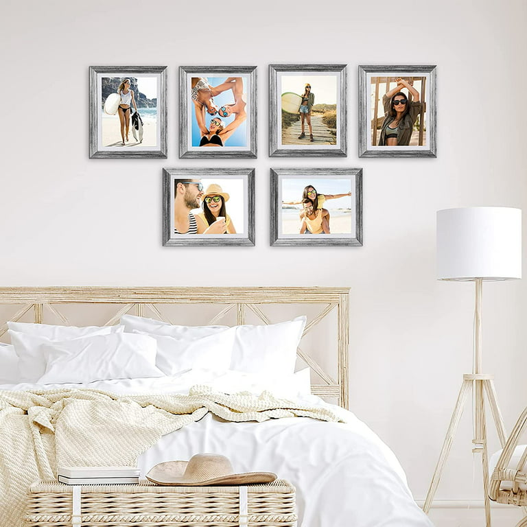 8x10 Picture Frames Set of 6 with Mat, 6 Pack 8 x 10 Photo Frame Wall Frame for Tabletop Gallery Wall Hanging, Rustic, Silver