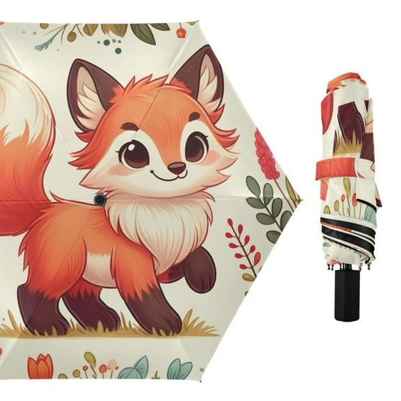 Cute Fox and Flowers Compact Sun Umbrella Windproof Travel Umbrellas for Rain Strong Portable UV Protection