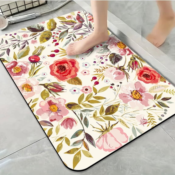 1pc Soft Floral Watercolor Bathroom Rug Bathroom Decor and Accessories- Durable,Anti Slip,And Quick Drying,Suitable For Indoor/outdoor Use - Perfect For Bathrooms,Bedrooms,Kitchens