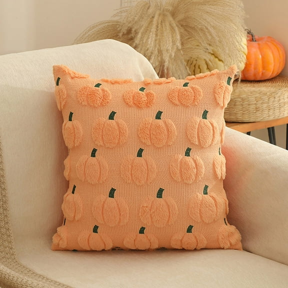 Taotanxi Fall Embroidered Pumpkin Throw Pillow Covers 18x18 Set of 1, Autumn Decor Cushion Cases for Couch Sofa, Farmhouse Rustic Style, Plush Textured Wool with Green Stem Embroidery