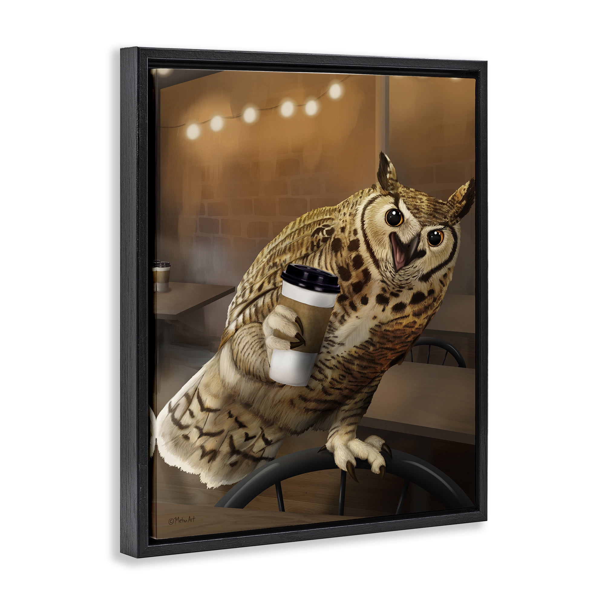 Stupell Industries Owl with Coffee Cup Food & Beverage Painting Black Floater Framed Canvas Art Print Wall Art, 25 x 31