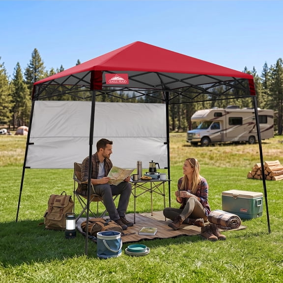 EAGLE PEAK Day Tripper 8' x 8' Slant Leg Lightweight Compact Portable Canopy w/Backpack Easy One Person Set-up Folding Shelter 6' x 6' Top and 8' x 8' Base (Red)