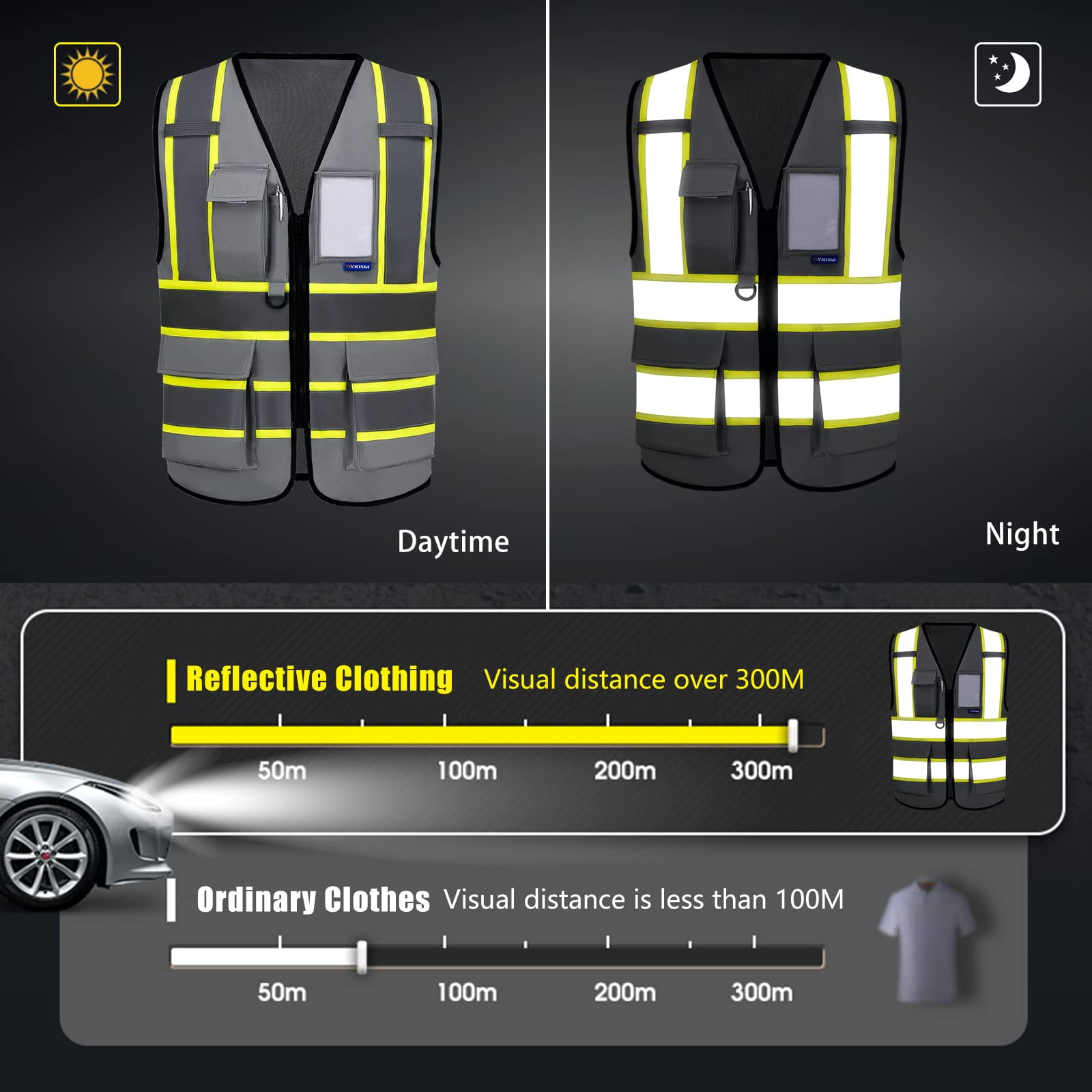 AYKRM Security Vest for Men Women 7 Pockets High Visibility Reflective Safety Vest Front Zipper Meets ANSI/ISEA