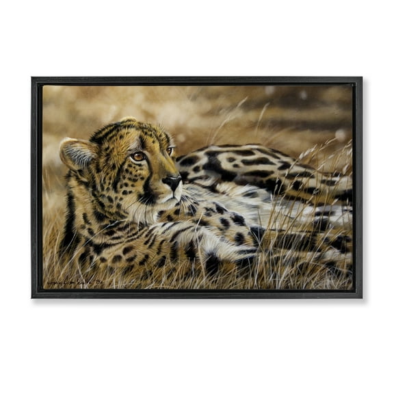 Stupell Industries Relaxing Leopard Scenery Animals & Insects Painting Black Floater Framed Canvas Art Print Wall Art, 25 x 17