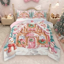Manfei Kawaii Gingerbread House Full Size Comforter Sets, Christmas Snowman Bedding Comforter Set,Pink White Brown Bedding Sets For Girls Kids,Breathable Home Decor Reversible,3-Piece