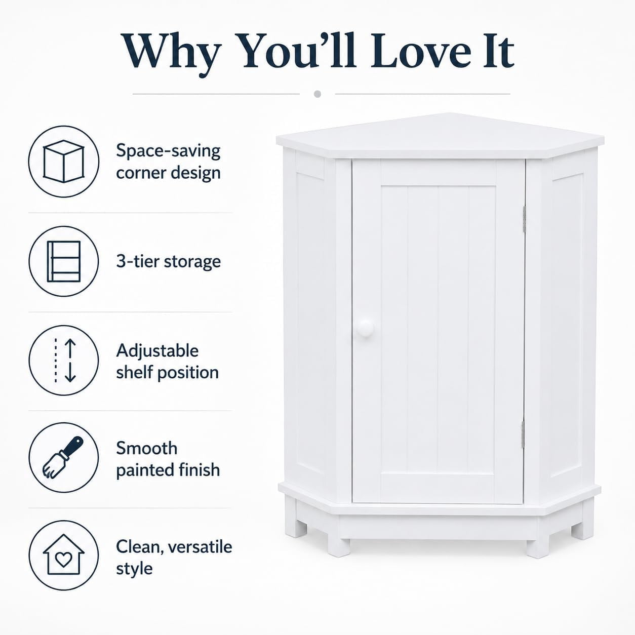31" Corner Storage Cabinet, Wood Freestanding Triangle Floor Cabinet with Door & Shelves, White