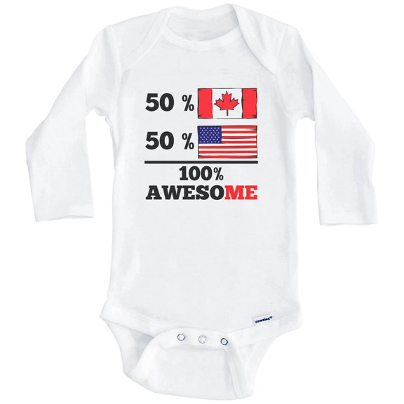 50% Canadian 50% American 100% Awesome Funny Canada Flag One Piece Baby Bodysuit (Long Sleeve), 0-3 Months White
