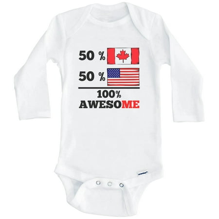 

50% Canadian 50% American 100% Awesome Funny Canada Flag One Piece Baby Bodysuit (Long Sleeve) 3-6 Months White