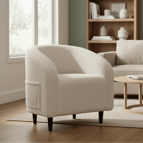 TLSUNNY Upholstered Club Chair Accent Barrel Chair, Teddy Fabric Upholstered Armchair with Side Pocket for Living Room/Bedroom