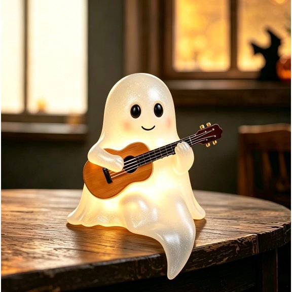 Halloween Ghost Guitar Reading Night Light, Cute LED Table Lamp, Spooky Ghost with Book and Guitar Ornament for Home Bedroom Desk Decor, 5.51x4.44Inch