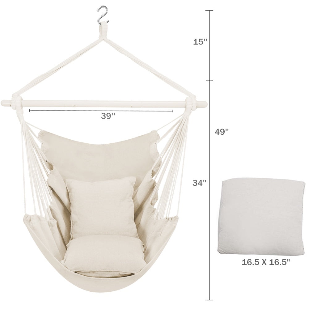 Large Hammock Chair Swing, Relax Hanging Rope Swing Chair with Detachable Metal Support Bar & Two Seat Cushions, Cotton Hammock Chair Swing Seat for Yard Bedroom Patio Porch Indoor Outdoor