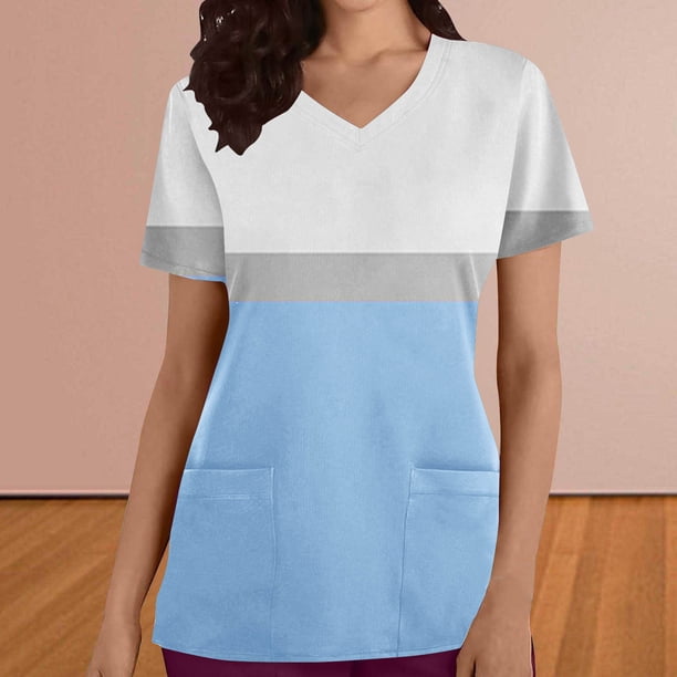 Puntoco Liquidación de blusas cortas para mujer, moda informal para mujer, cuello en V, estampado, manga corta, bolsillo, vestido de enfermera