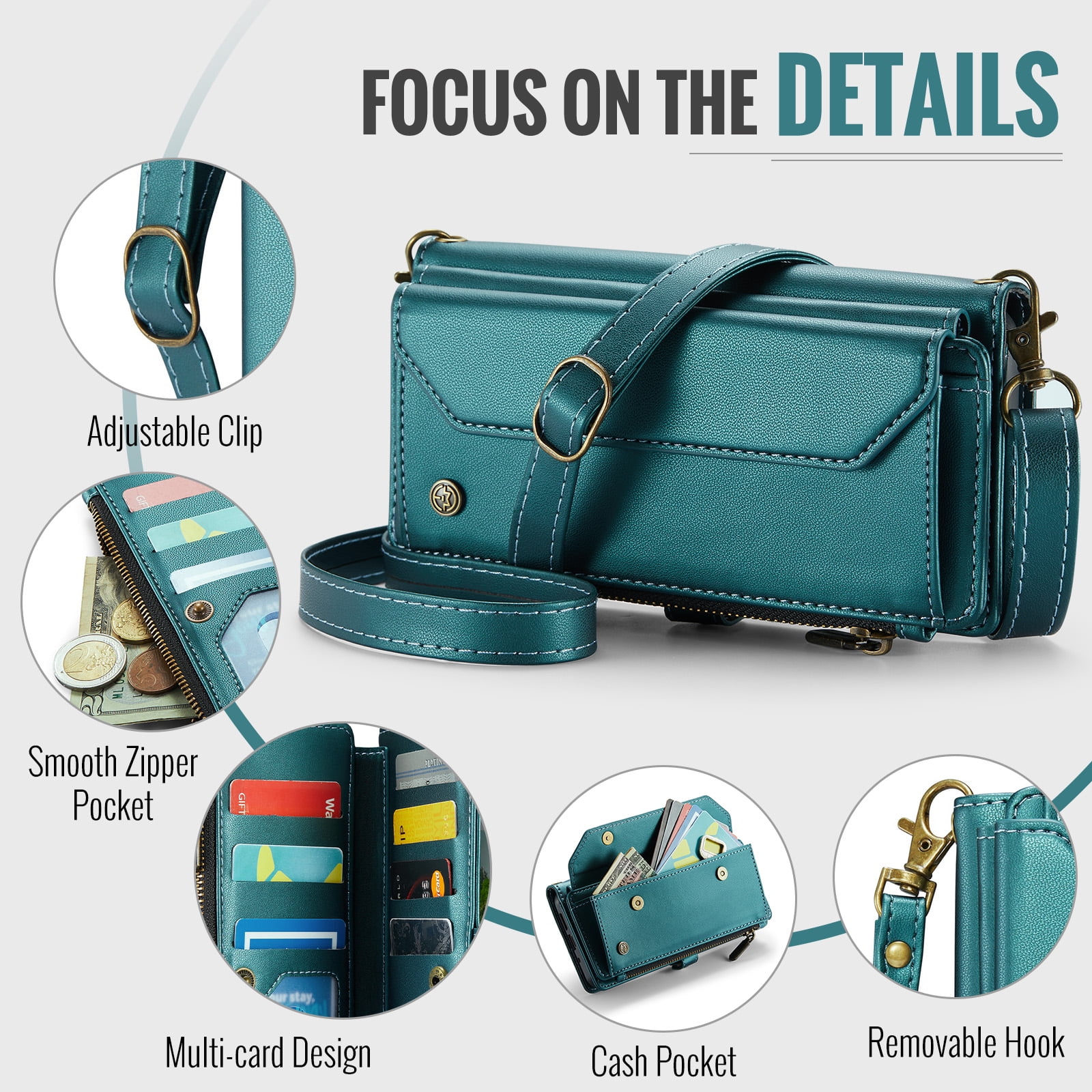 for Google Pixel 7a Full Body Protection Wallet Folio Flip Case, Shoulder Strap & Wristlet Card Slots Zipper Pocket RFID Blocking Rugged Durable PU Leather Phone Case Cover, Green