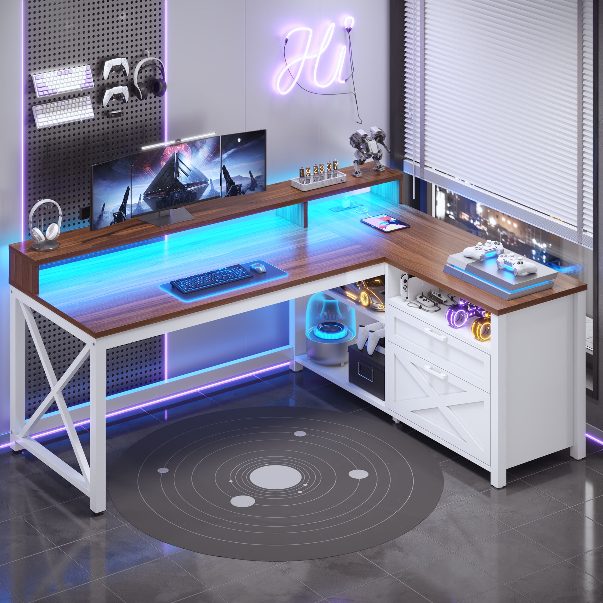 SEDETA L-Shaped Desk with Power Outlets & LED Lights for Home Office, Large Computer Desk with Monitor Stand & Storage Drawer & File Drawer, Farmhouse Corner Computer Desk with 5 Open Shelves, White