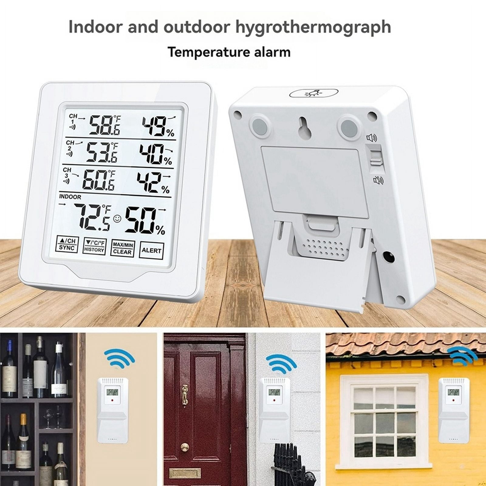 Digital Thermometer & Hygrometer Indoor Humidity with 3 Sensor Screen Display White Backlit Large Screen Recorder