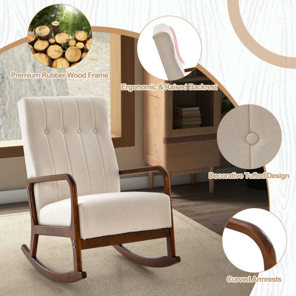 Finihen Rocking Chair, Modern Upholstered Accent Chair, Rocking Chair with Ottoman and Solid Rubber Wood Frame and Padded Cushion, for Living Room, Bedroom, Beige Finihen Rocking Chair, Modern Upholstered Accent Chair, Rocking Chair with Ottoman and Solid Rubber Wood Frame and Padded Cushion, for Living Room, Bedroom, Beige