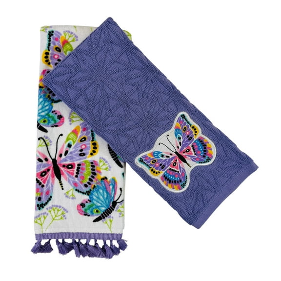 Serafina Home Vivid Butterfly Design Cotton Dish Towels Velour With Pom Poms, Set Of 2