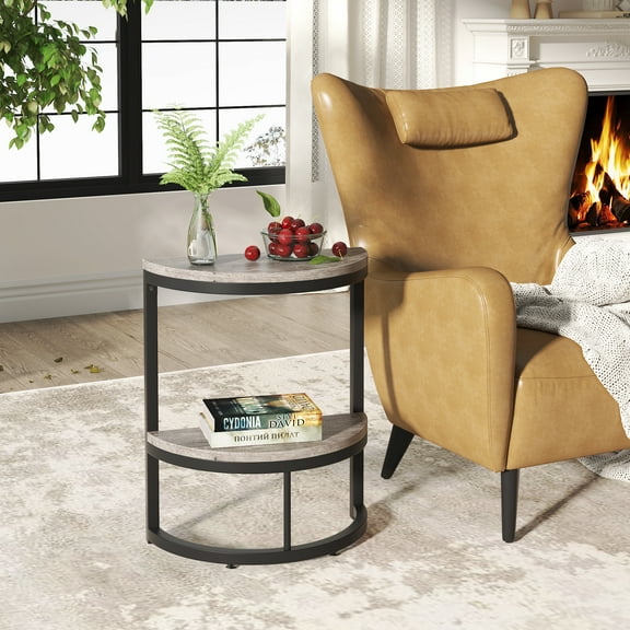 Tribesigns 2-Tier End Table Semi Circle, Wood Accent Table for Sofa Couch, Living Room(Rustic Grey)