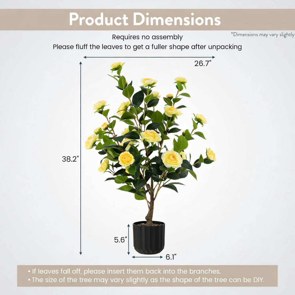 Spaco 38 Inch Artificial Flower Plant in Cement Pot, Artificial Camellia Tree Faux Flower Plant, Artificial Flower for Indoor and Outdoor, Yellow