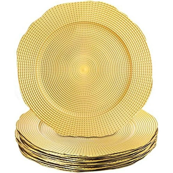 12 Pack Gold Charger Plates, 13 Inch Plastic Dinner Under Plates Elegant Charger Service Ware Base Plate Bulk Reusable Decorative Round Placemat for Wedding, Banquet Table Setting Decor