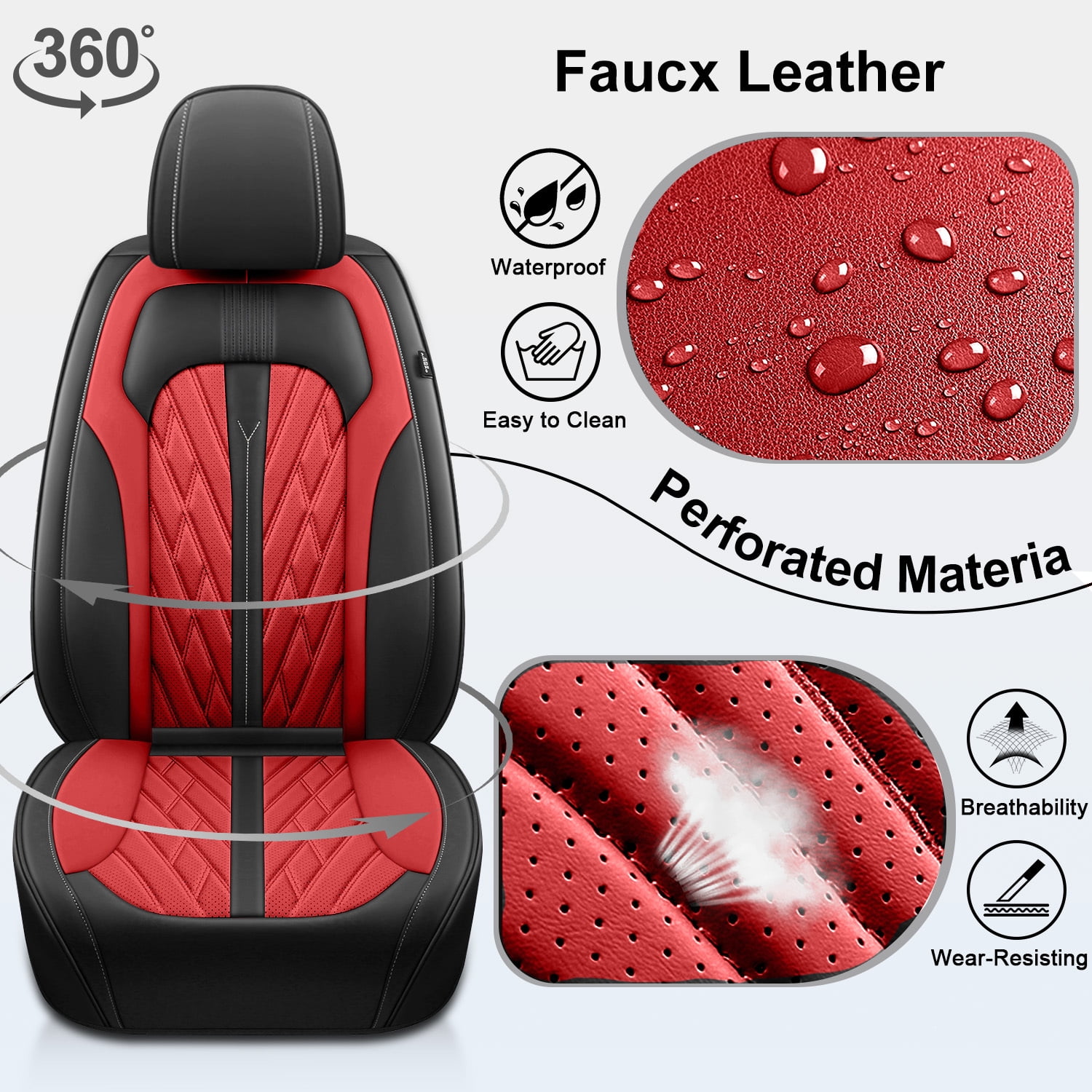 LAONNVIR Seat Covers Fit for 2009-2025 Ford F-150 Front Set Breathable Leather Vehicle Seat Cushion Suitable for All Seasons Black&Red,Front Seat