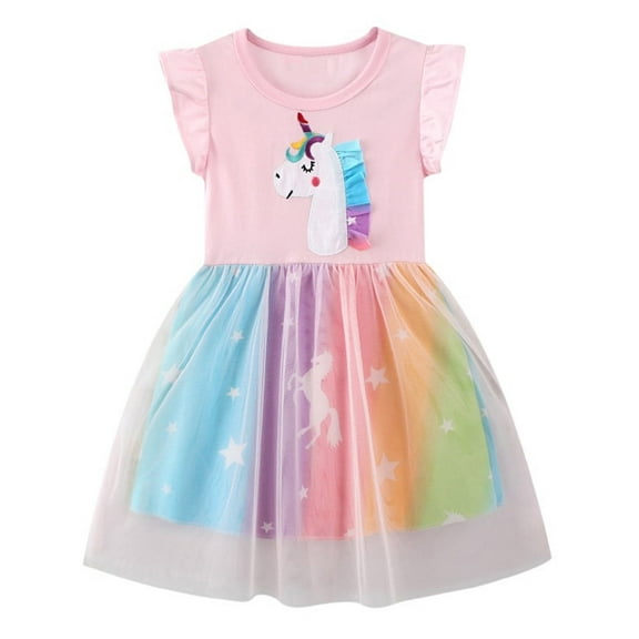 HWJAD Kids Girl Rainbow Tutu Dress Sleeveless Casual Unicorn Sundress for Summer Girls 2-7 Years
