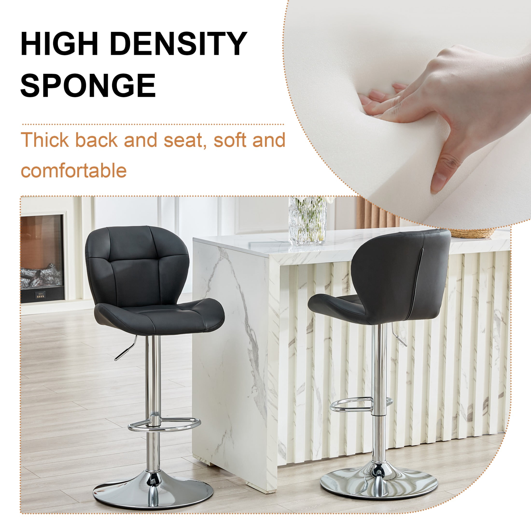 Bar Stools Set of 2, Black PU Leather Upholstered Adjustable Swivel Barstools, Adjustable Height Bar Chairs with Silver Metal Base & Footrest for Kitchen Island, Pub, Bar