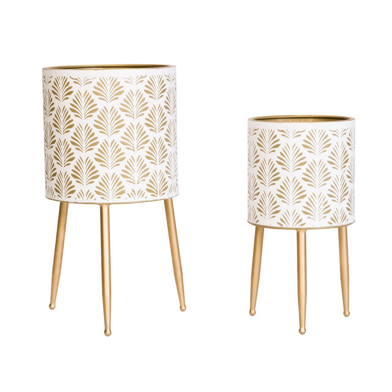 2-Piece Boho Metal Planter Pot With 3-Leg Gold Metal Base - White & Gold - 20"H x 10.5"W / 15.75"H x 8.5"W