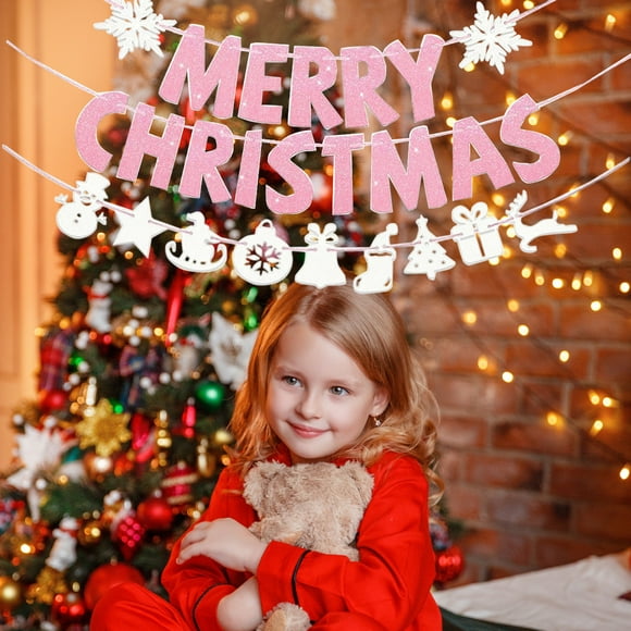 Eoozwa Christmas Banner Gold Glitter Pull String Banner for Party Wall Decor Reusable Paper Merry Christmas Sign for Holiday Home Decoration