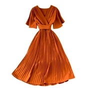 YM YOUMU Women Faux Wrap V Neck Flutter Short Sleeve Tie Waist Elegant Pleated Midi Flowy Party Dress
