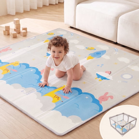 Joypony Baby Play Mat, 47 x 47 inch Reversible Waterproof Foldable Foam Mat for Tummy Time and Crawling, Anti-Slip, with Travel Bag, Indoor/Outdoor