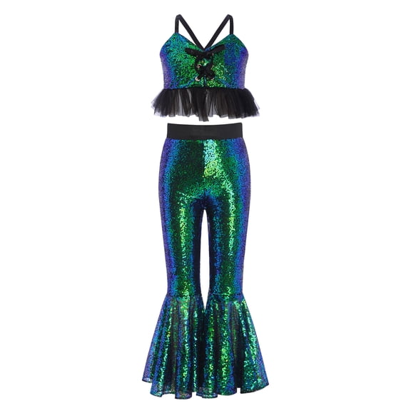 Haitryli Disco Theme Party Wear for Girls Sequins Jazz Dance Outfits Shiny Mesh Ruffle Tank Top with Flare Pants Dancewear Green 10