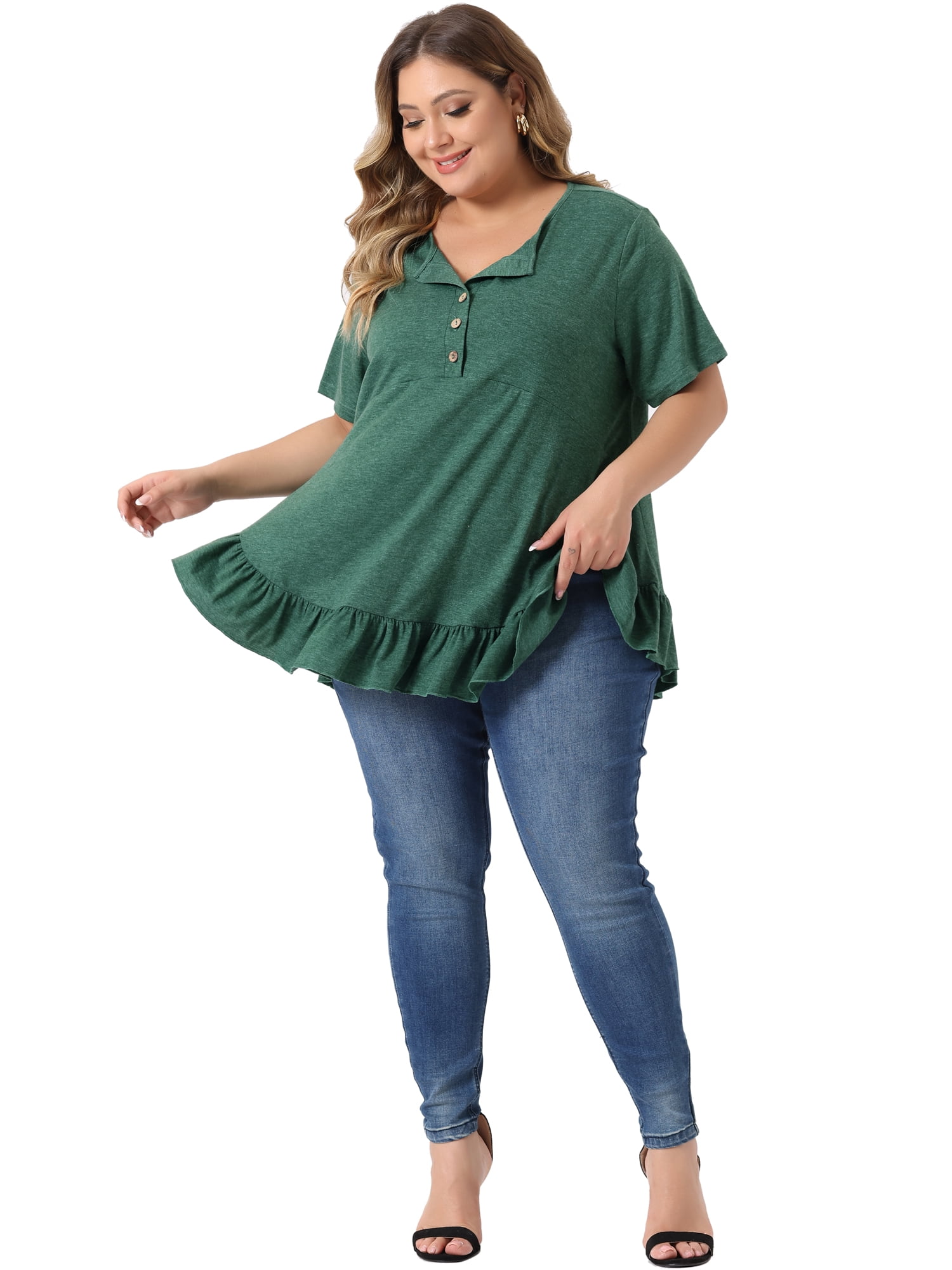 Women's Plus T Shirts Henley V Neck Button Up Short Sleeve Ruffled Hem Blouses Tops 3X Dark Green