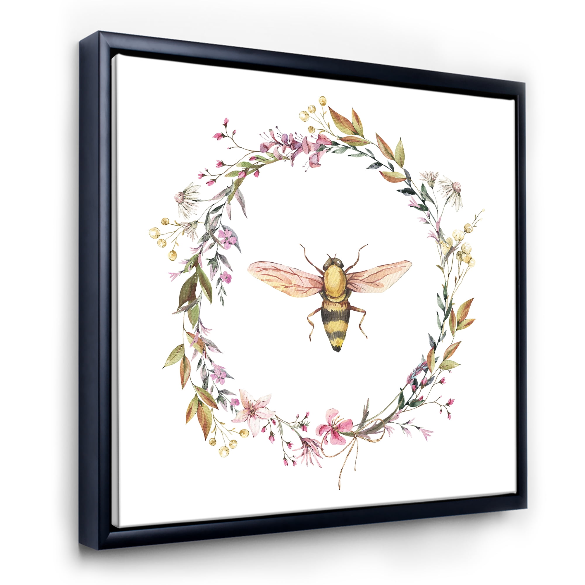 Designart 'Wildflowers Wreath and A Bee' Farmhouse Framed Canvas Wall Art Print