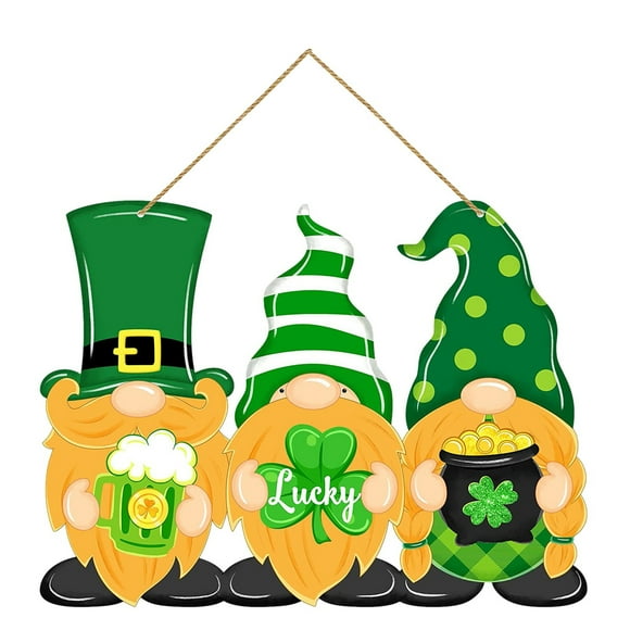 Piwvid St Patrick's Day Door Sign Gnomes, Shamrock Wooden Hanging Sign Lucky Irish Welcome Wood Wreath, Happy St Patrick's Party Spring Green Holiday Decor, Home Front Door Wall Decorations