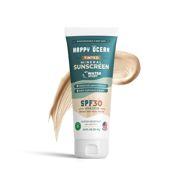 Protector solar Happy Ocean SPF 30, mineral tintado, 75 ml, biodegradable