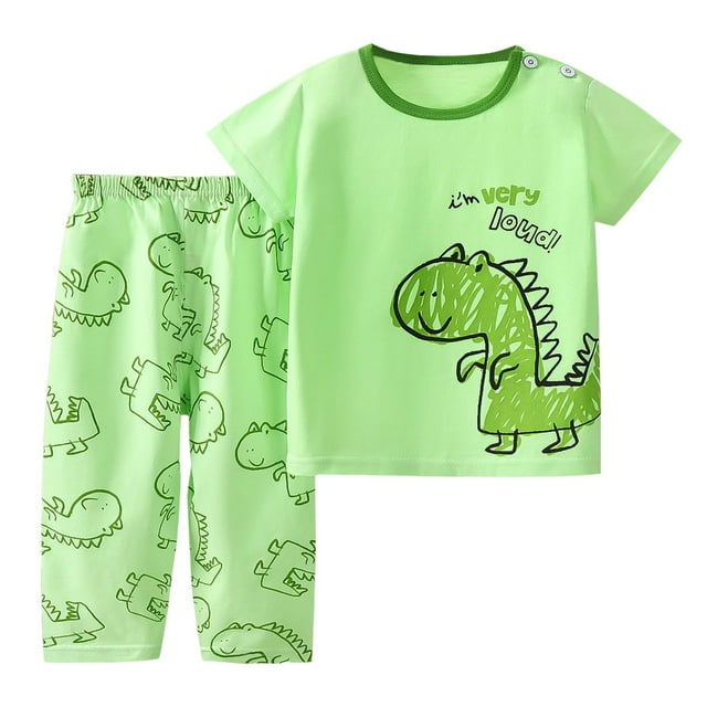 Pyjamas pour Tout-Petits Garçons et Filles Été Ensemble de Pyjamas en Coton Imprimé Dessin Animé Manches Courtes avec Pantalons Ensembles de Pyjama Fille R Vert 3 Ans-4 Ans