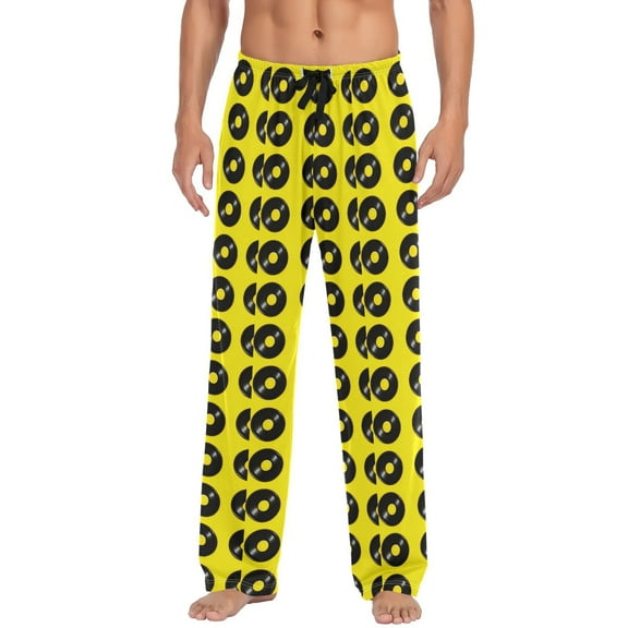 Men's Lightweight Pajama Bottoms Vinyl Records Pattern on Yellow Stretch Elastic Waist Side Pockets Spring Fall