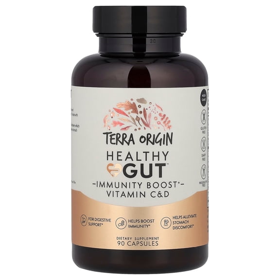Terra Origin Healthy Gut Capsules with Immunity Boost Vitamin C & D, 90 Capsules