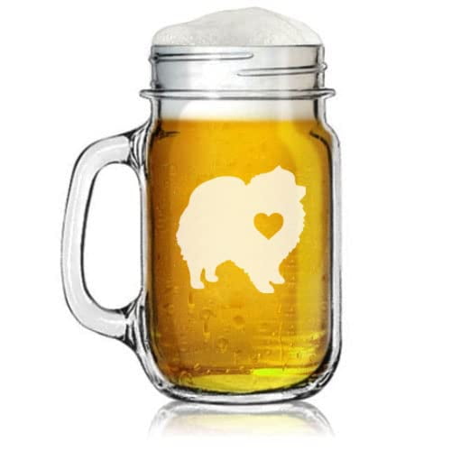 16oz Mason Jar Glass Mug w/Handle Cute Pomeranian With Heart