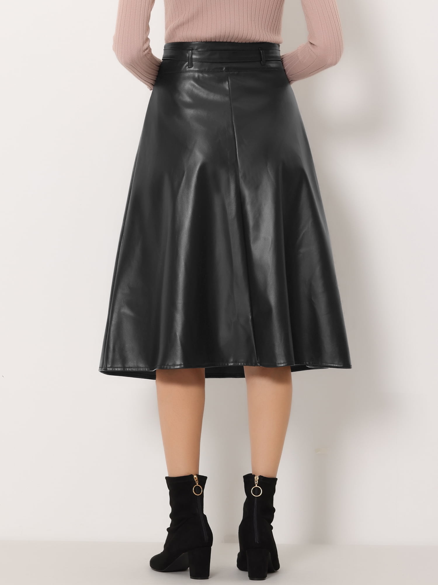 Unique Bargains Women's Faux Leather Elastic Tie Waist A-Line Elegant Midi Skirts S Black