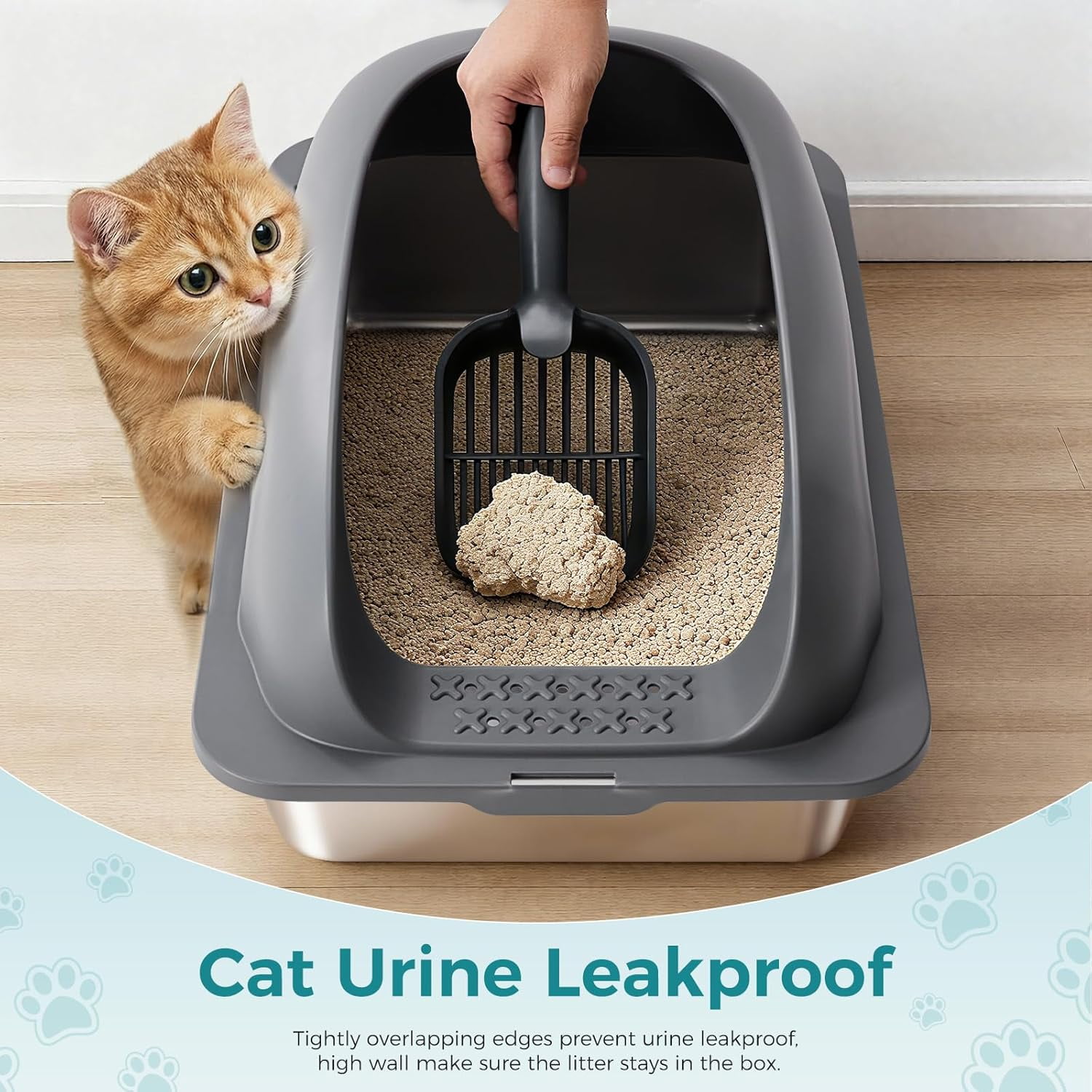 Atilioo Stainless Steel Cat Litter Box with Lid, Metal Litter Pan High Sided, Anti-Urine Leakage, Easy Clean, Never Absorbs Odors, Include Scoop & Mat, Dark Gray