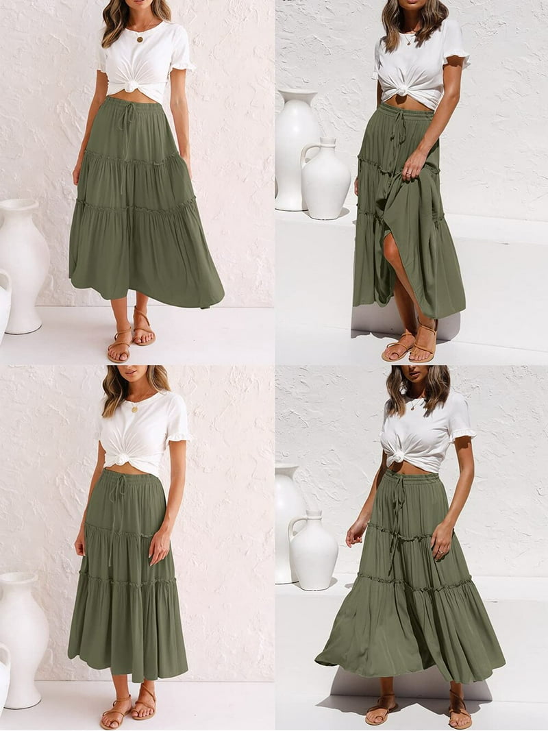 MOSHU High Waist Midi Skirt, A-Line Pleated Flowy Skirt with