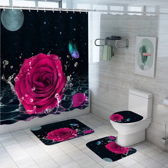 Vintage Colorful Rose Shower Curtain Sets Flower Floral Art Bathroom Decor Curtains Non-slip Rug Bath Mats Toilet Cover