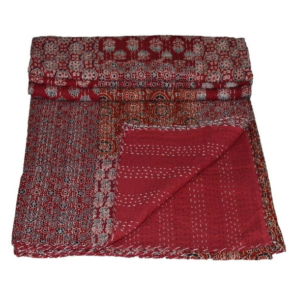 Indian Kantha Quilt Multi Ajrakh Patch Print Quilt Cotton Kantha Throw Kantha Blanket Handmade Quilt Double Size Kantha Bedspread Patchwork