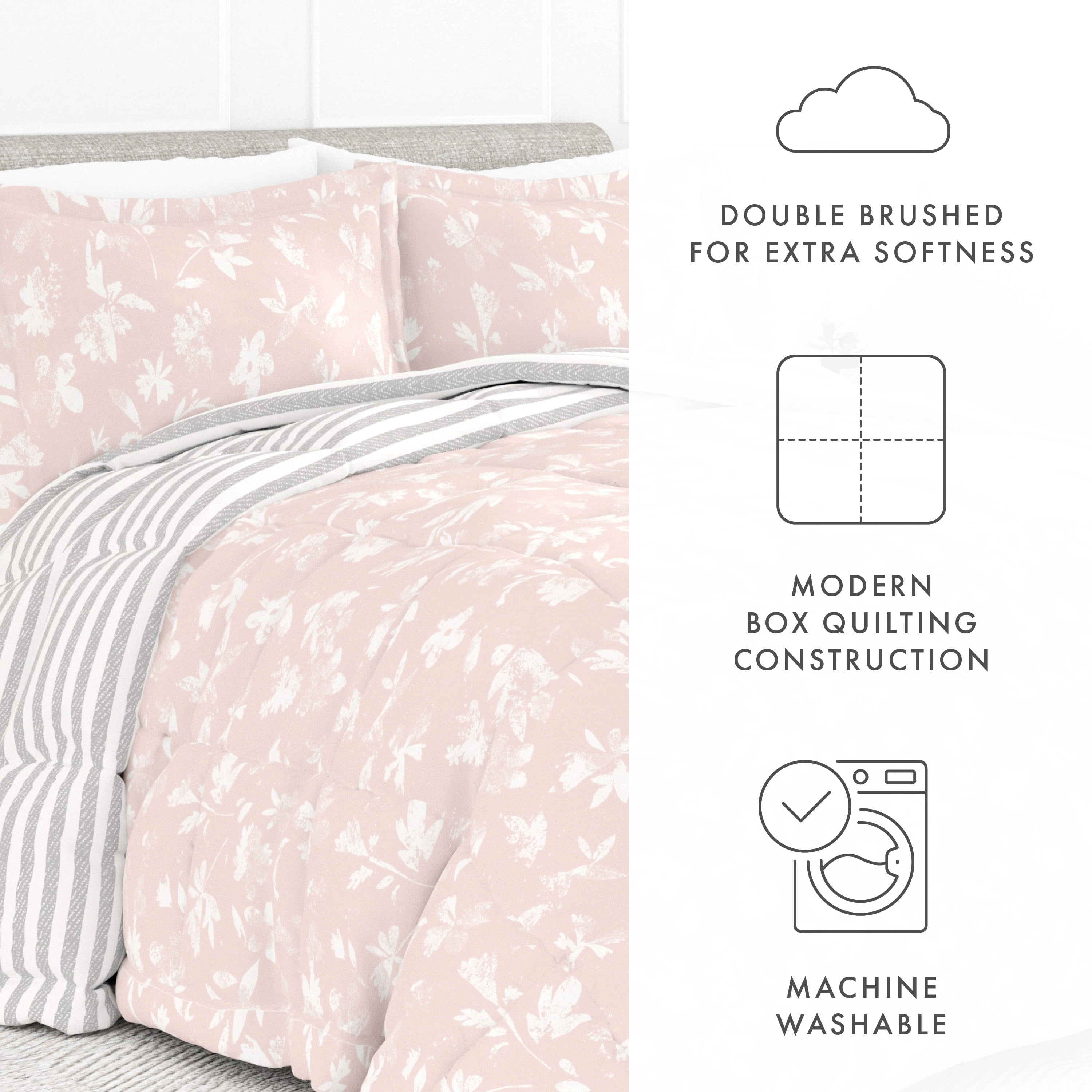 Noble Linens 2-Piece Pink Pressed Flowers Reversible Print Comforter Set, Twin/TwinXL