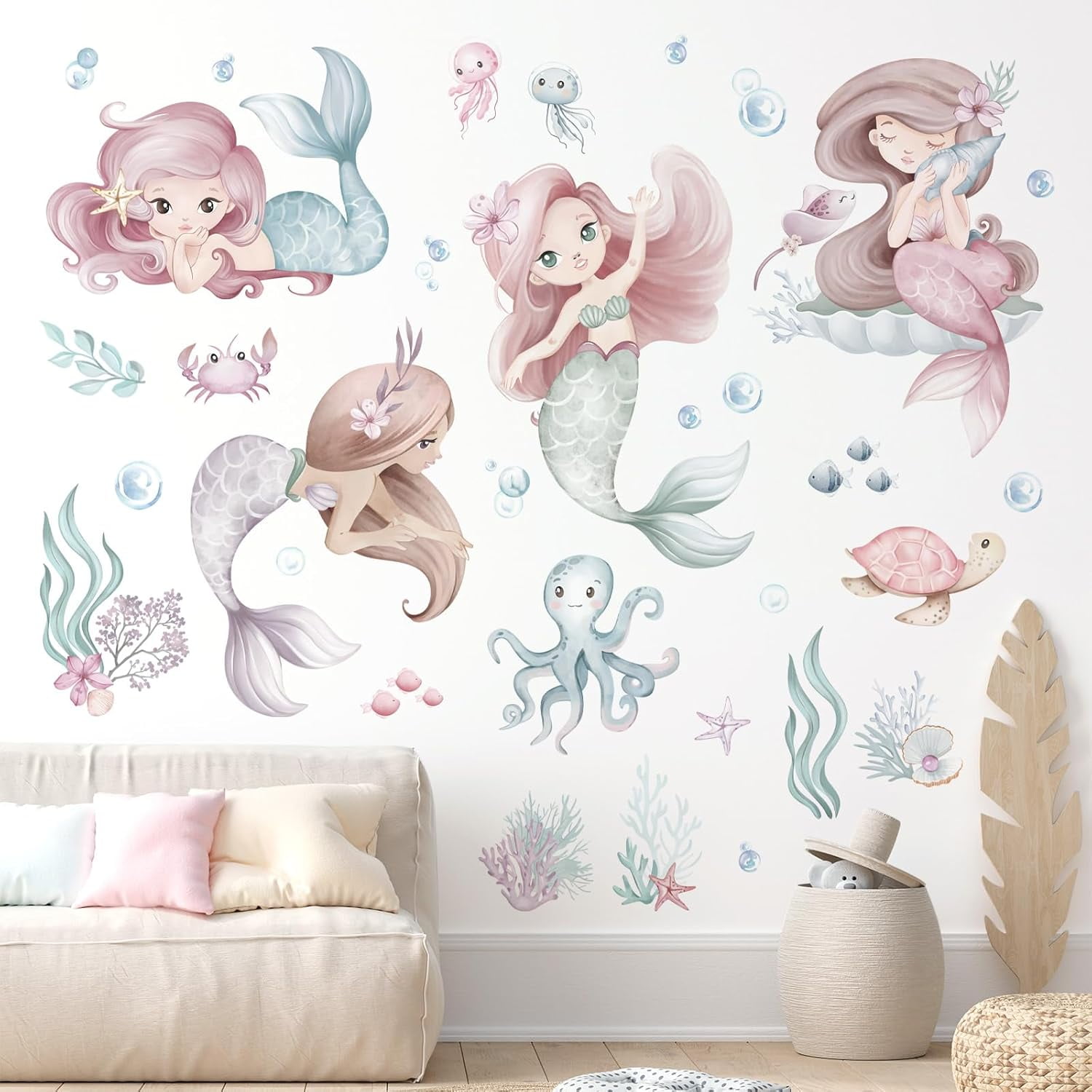 Mermaid Tail Wall Stickers Under The Sea Mermaid Bubble Seaweed Peel and Stick Wall Art Decals for Baby Nursery Girls Bedroom Bathroom
